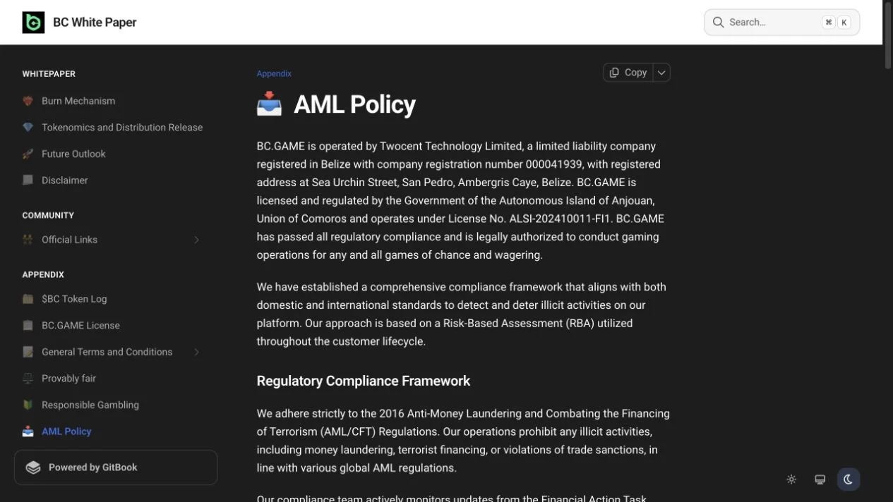BC.Game AML policy screenshot relevant to bonus release and withdrawals