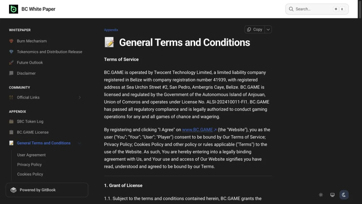 BC.Game current terms page used to frame the BCD reward system