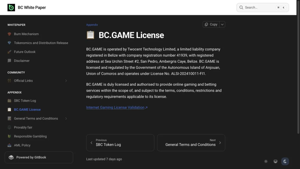 BC.Game licensing statement captured during research