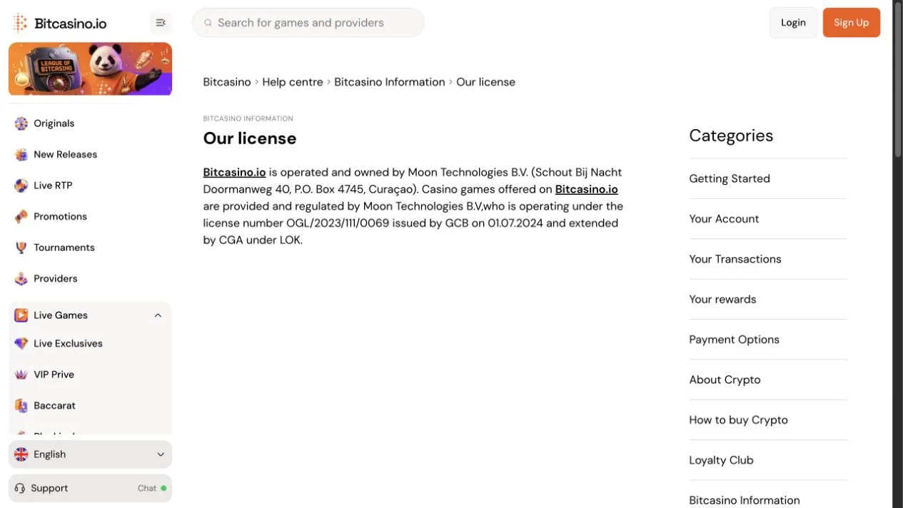 Bitcasino.io licence statement identifying Moon Technologies BV