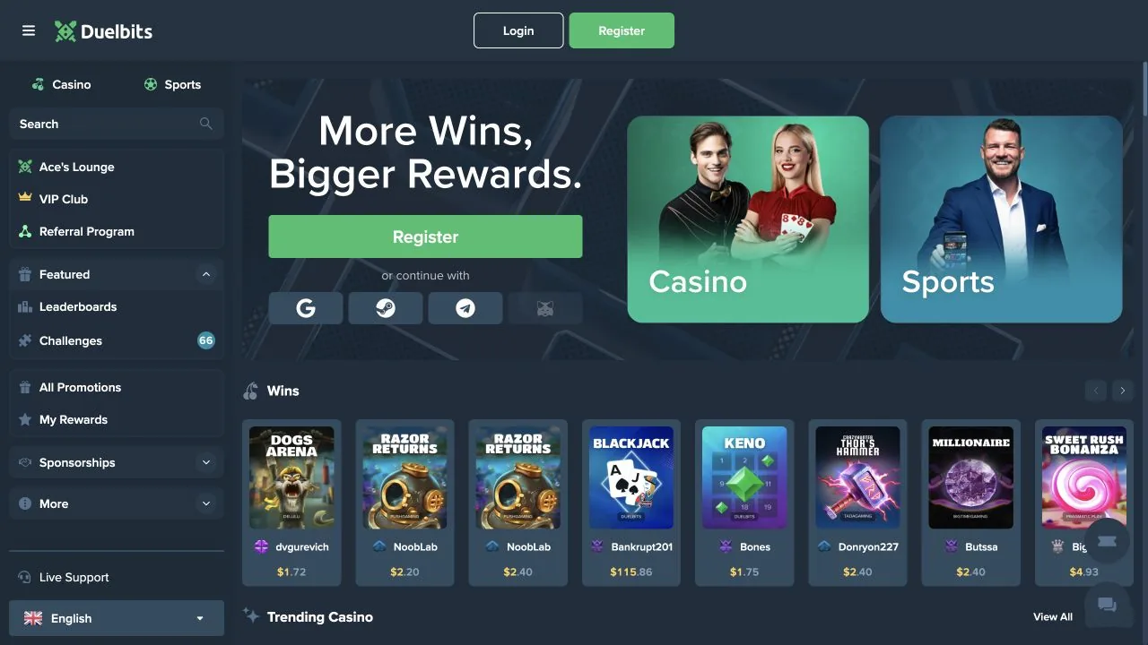 Duelbits official homepage captured for the ACE rewards review — evidence used for formula transparency