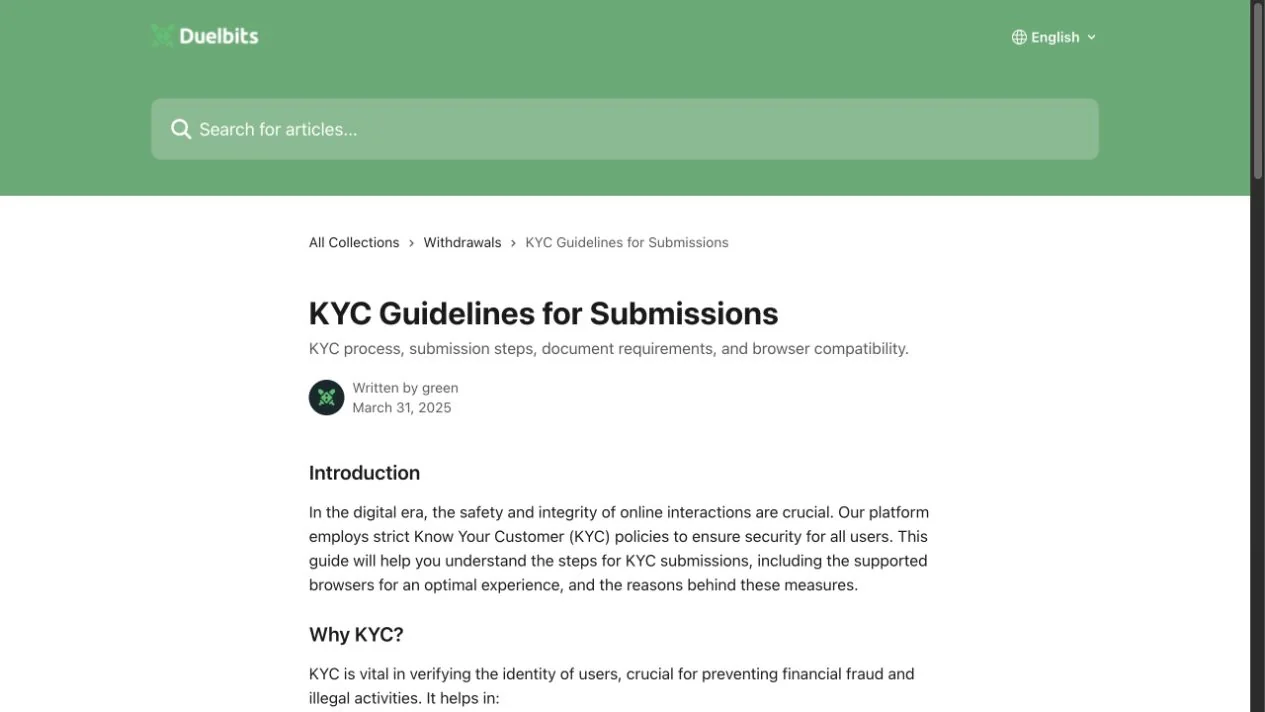 Duelbits KYC policy screenshot relevant to high-value reward withdrawals