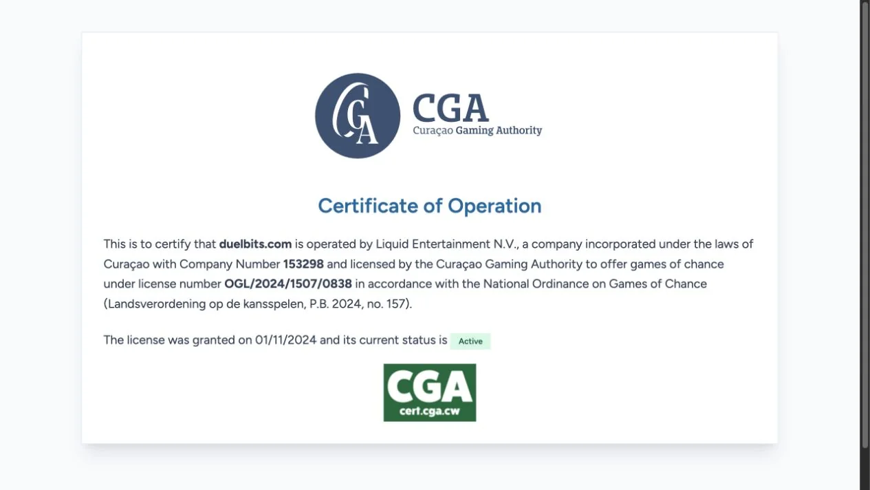 Duelbits licence statement captured for operator identification