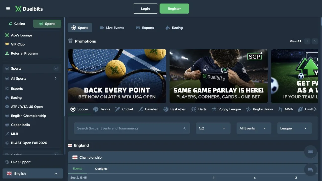 Duelbits sportsbook interface relevant to the official one-percent edge example