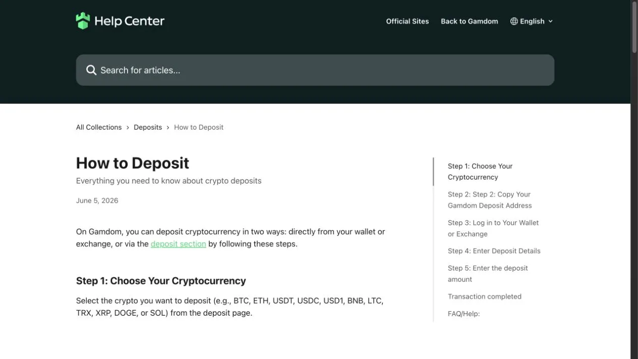 Gamdom deposit interface showing the real-money account context