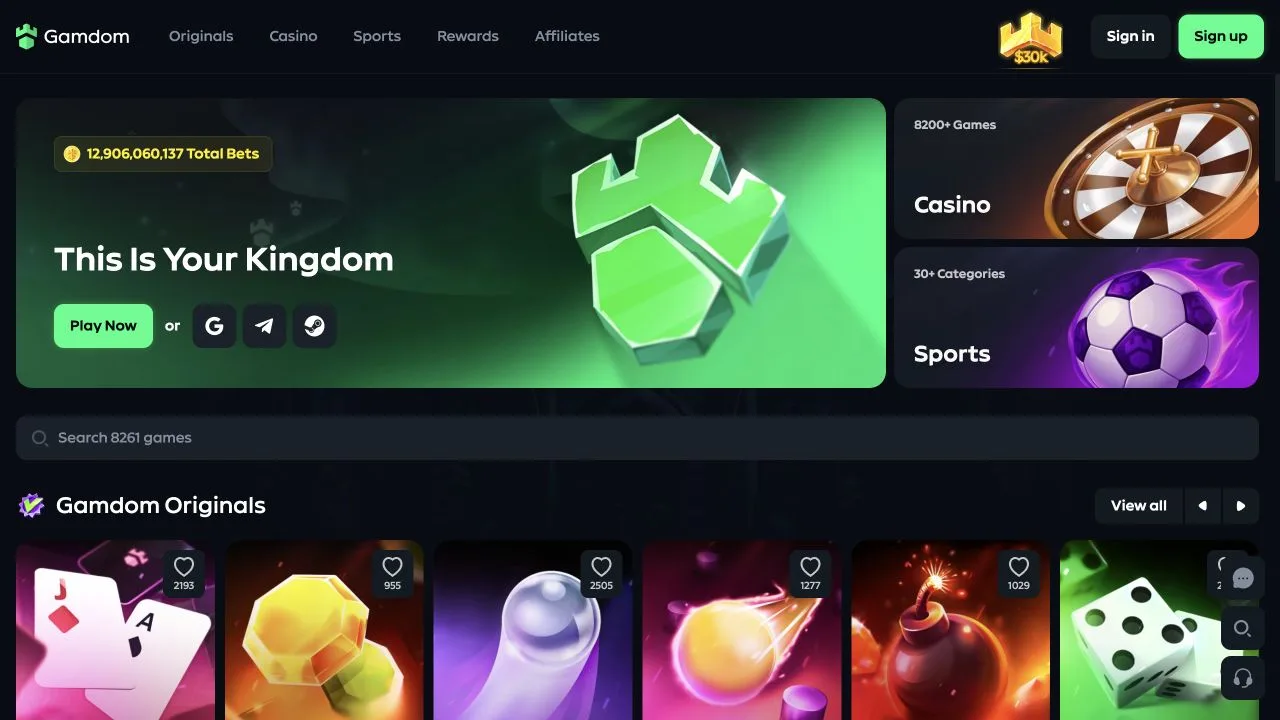 Gamdom official homepage captured for the rakeback review — evidence used for small-bankroll access