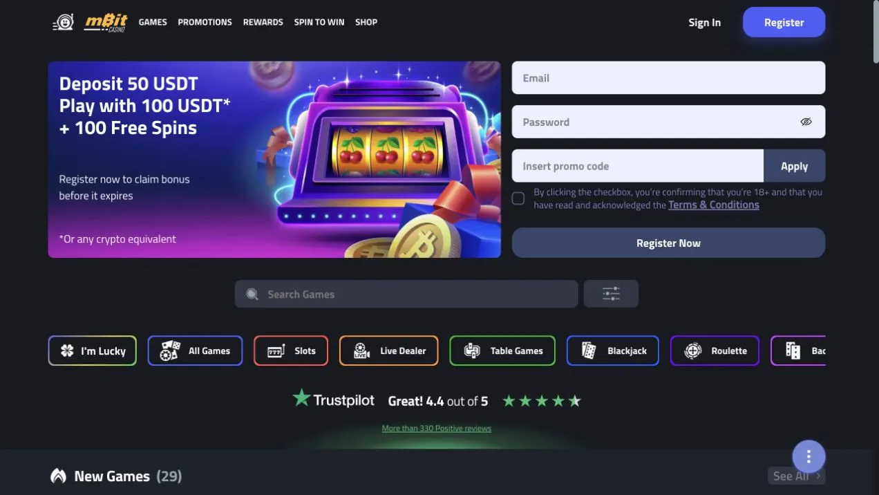 mBit Casino official homepage captured for the MoneyBack dossier — evidence used for wagering burden