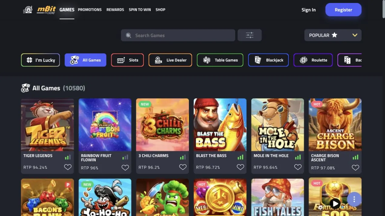 mBit Casino game lobby showing slots used for MoneyBack wagering