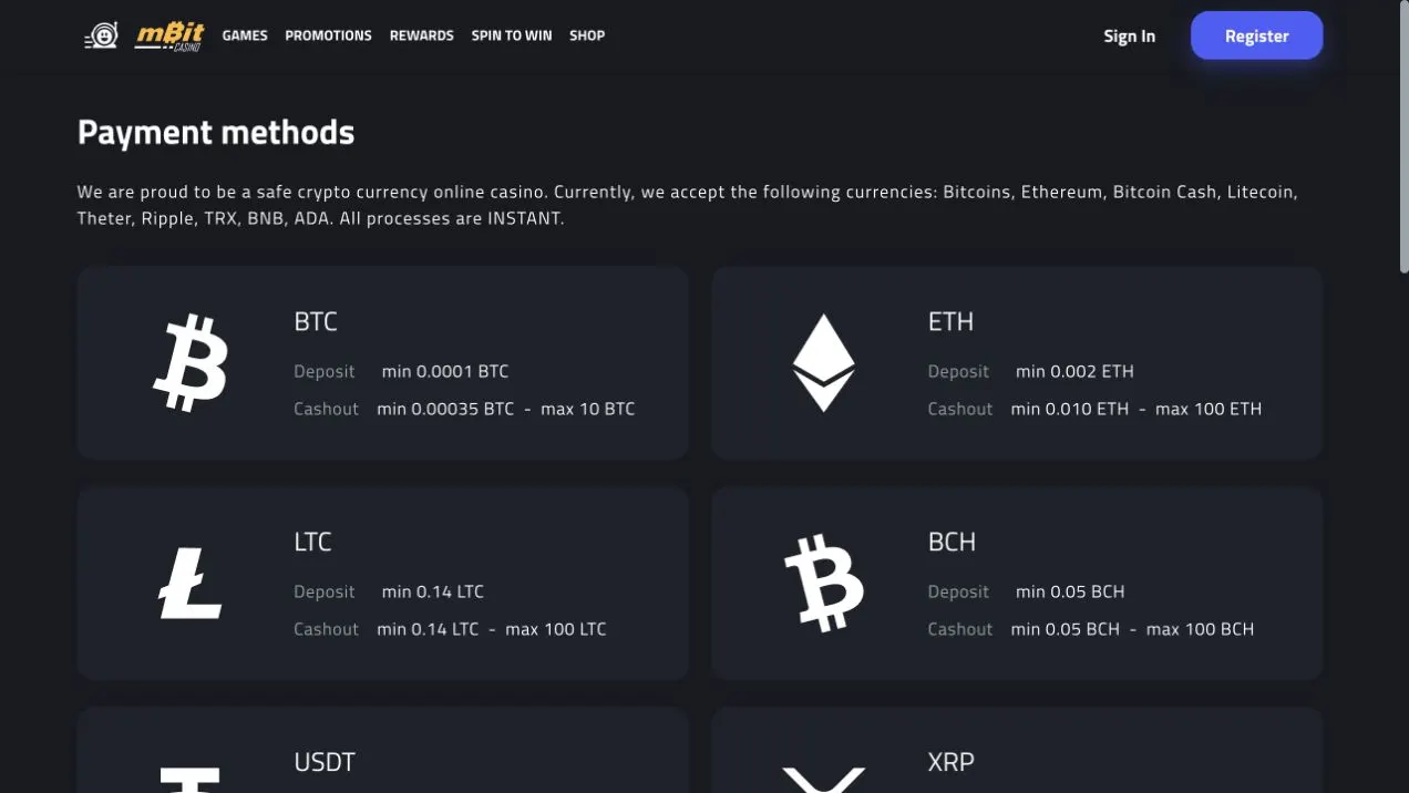 mBit Casino payment page captured for bonus and withdrawal context
