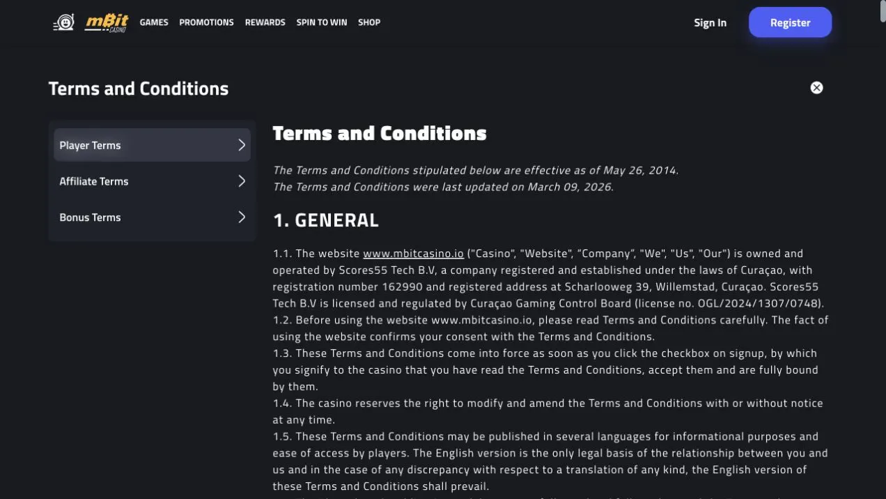 mBit Casino bonus terms listing slot contribution and excluded games