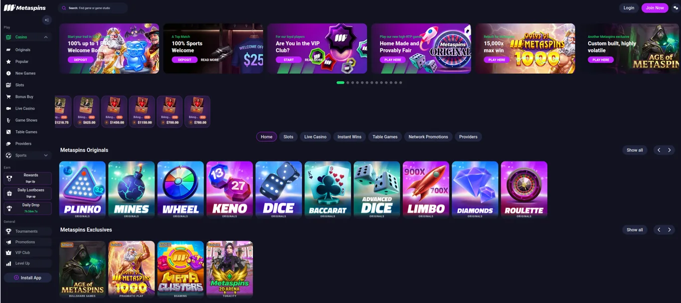 Metaspins official homepage showing the current casino and reward positioning — evidence used for small-bankroll access