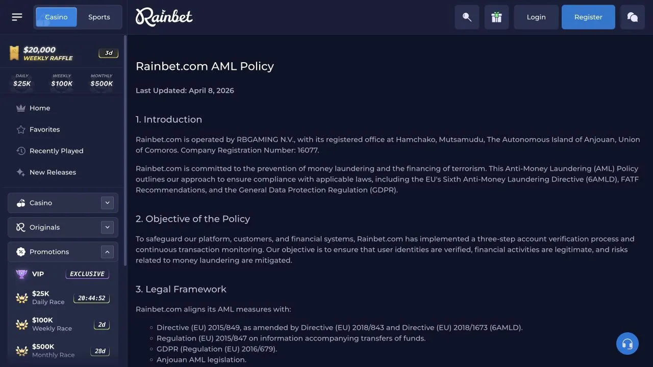 Rainbet anti-money laundering policy screenshot for reward eligibility context