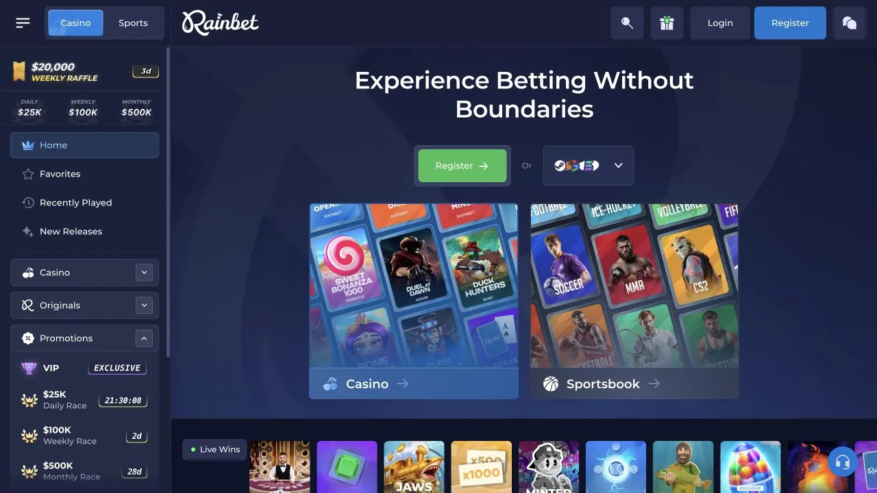 Rainbet official casino homepage captured during the operator review