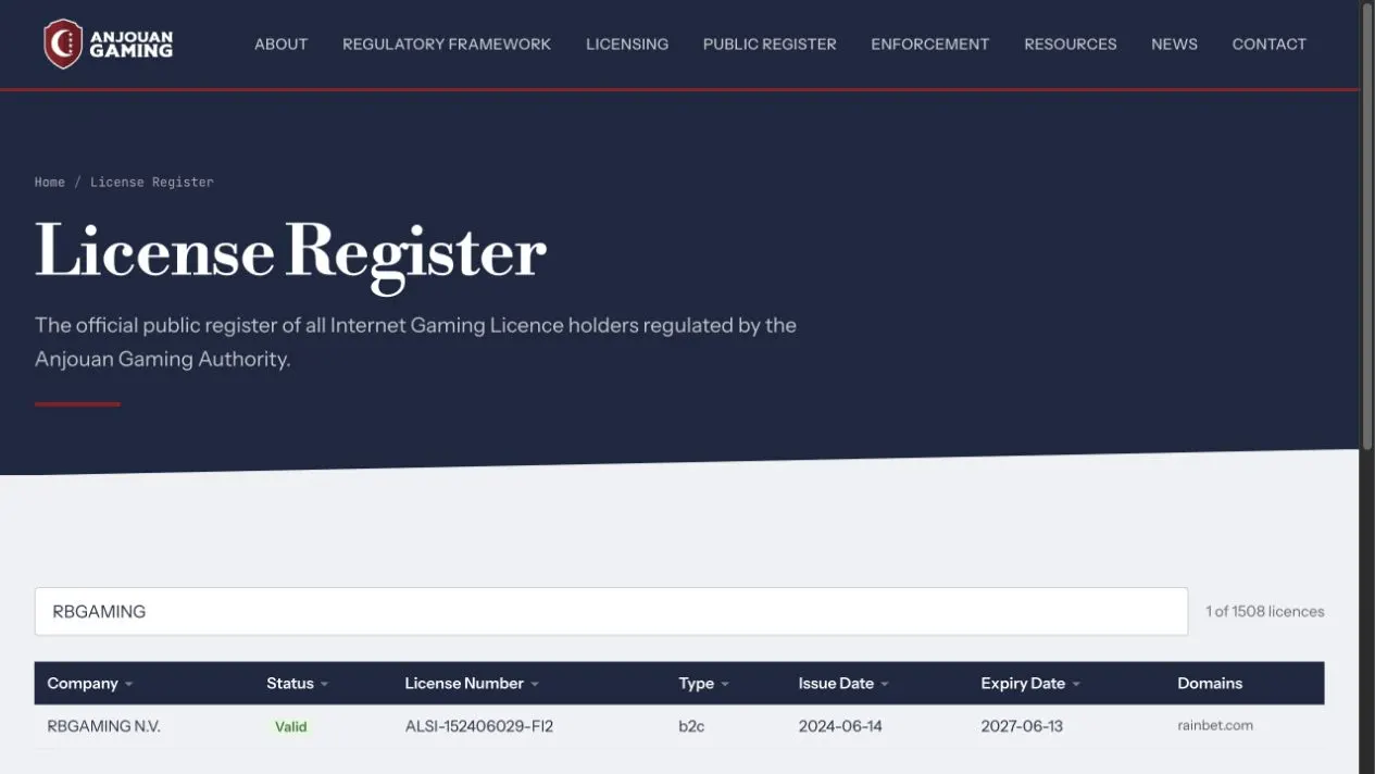 Licence register capture associated with the Rainbet operator review