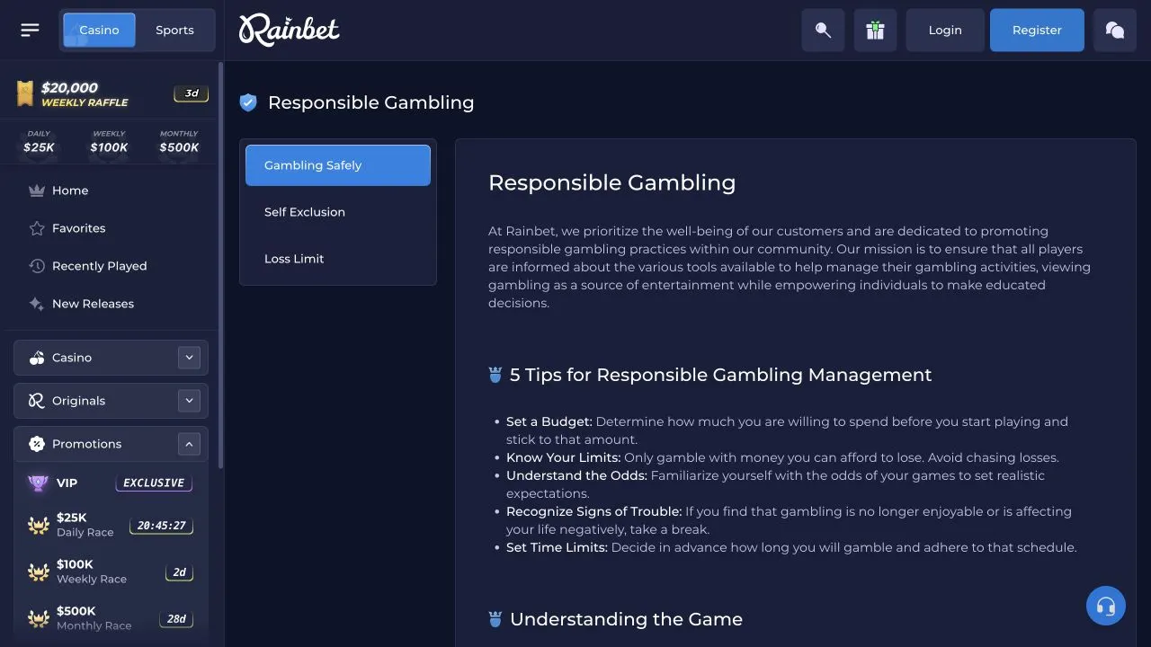 Rainbet responsible gambling page showing account control information