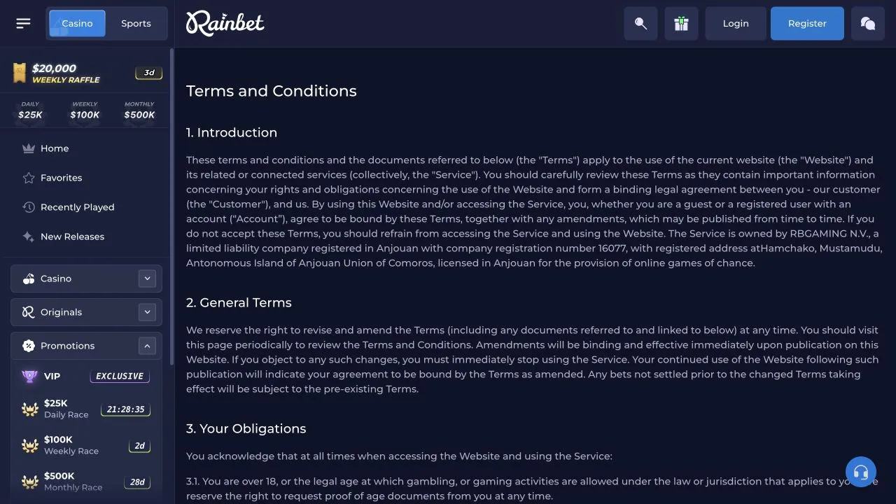 Rainbet terms page used to separate account rules from reward claims