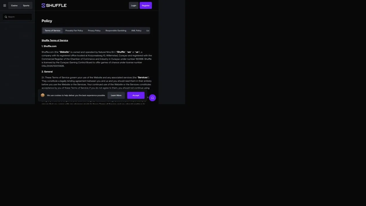 Shuffle terms page reviewed alongside the VIP and rakeback help articles
