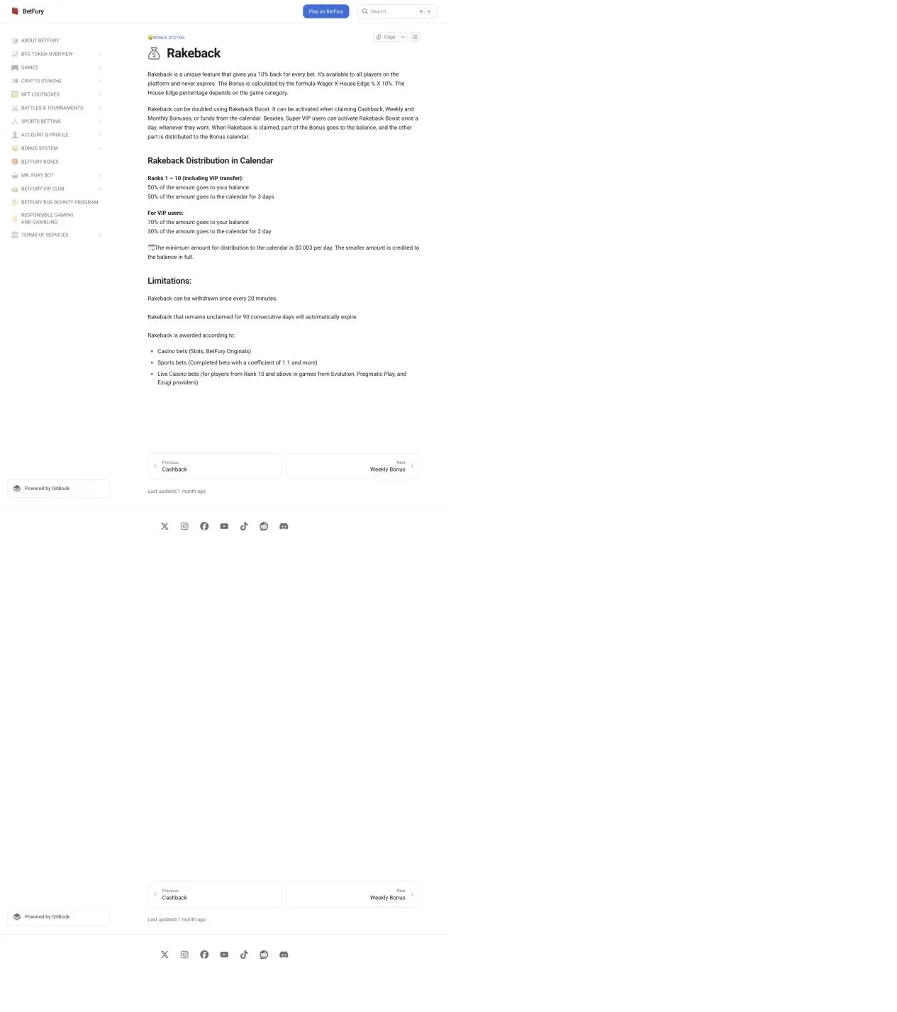 BetFury documentation showing the 10 percent house-edge rakeback formula