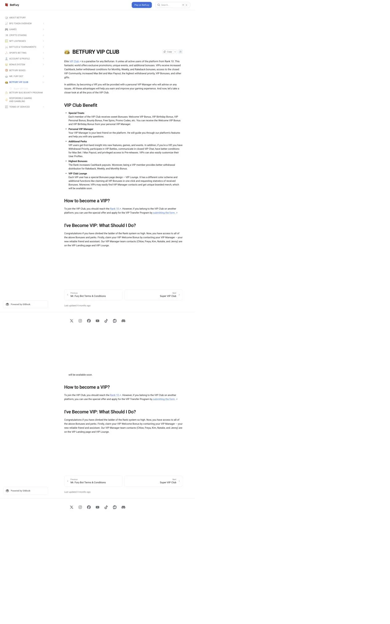 BetFury VIP Club documentation with reward and service benefits