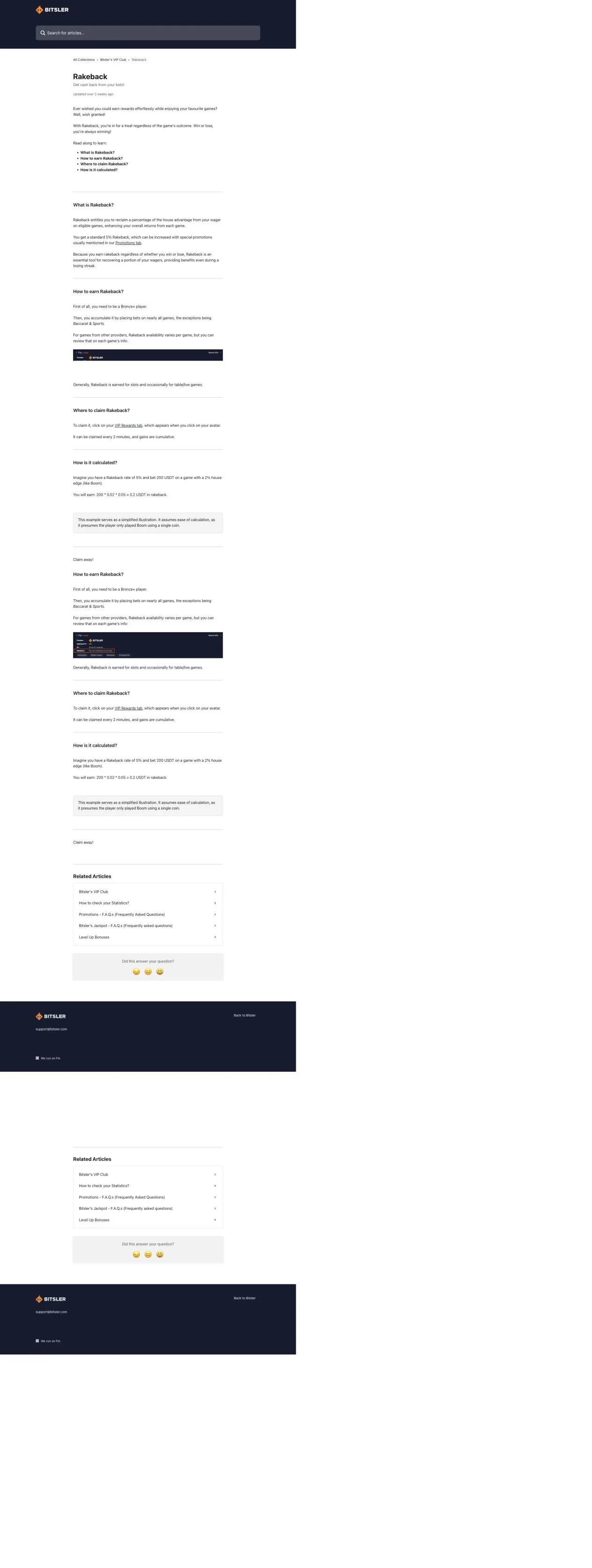 Bitsler Help Center rakeback article showing the standard rate and eligibility sections