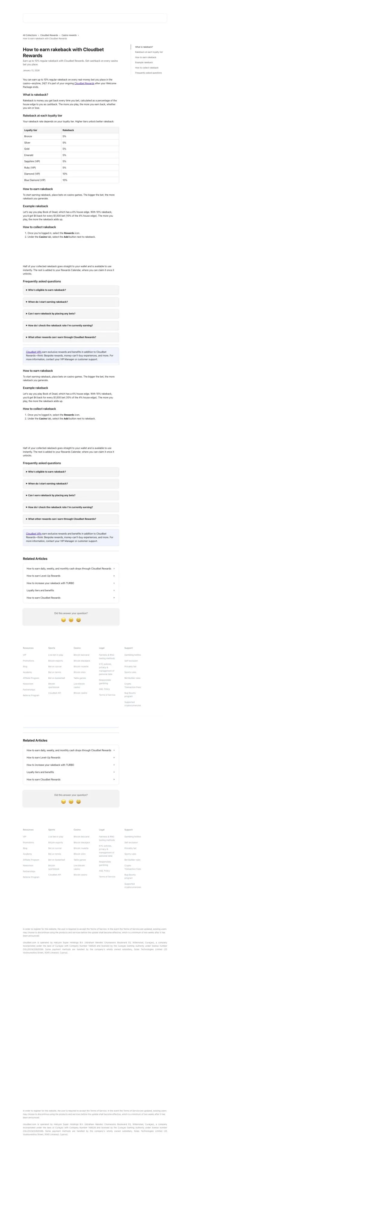 Cloudbet Rewards help page showing rakeback rates by VIP tier