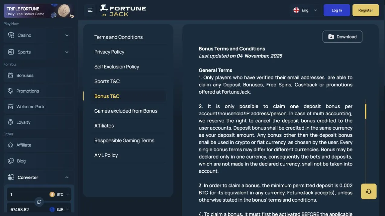 FortuneJack official Bonus Terms page used to verify rakeback contribution rules