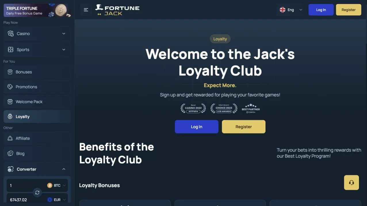 FortuneJack Jack’s Loyalty Club page showing VIP progression and rakeback rewards