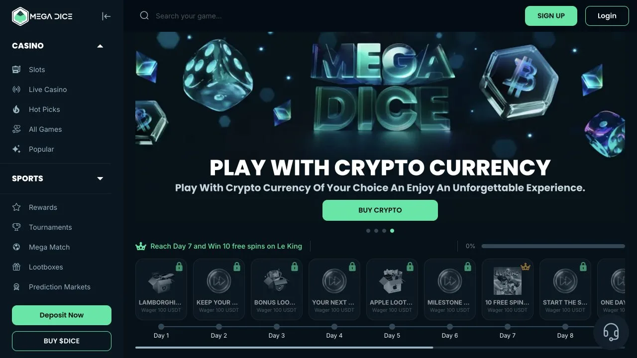 Mega Dice official casino interface used to identify the current VIP and cashback program