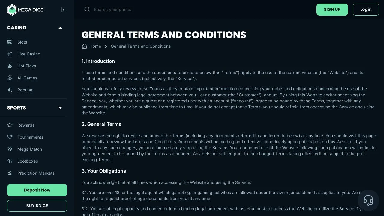 Mega Dice official VIP terms showing cashback eligibility and player-level rules