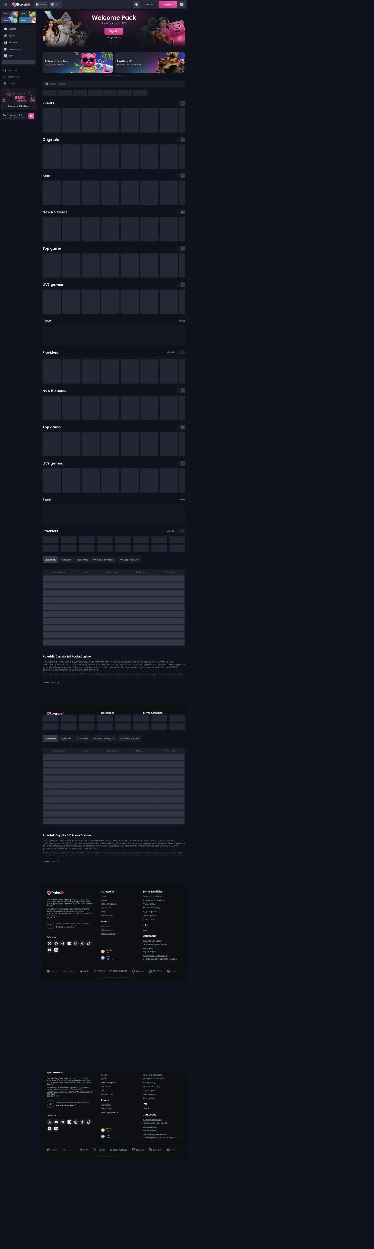 Rakebit homepage showing the Welcome Pack and casino navigation