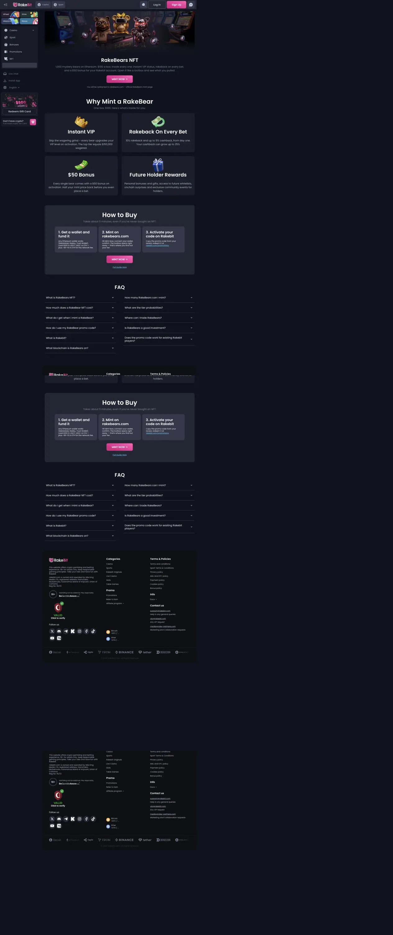 Rakebit RakeBears page advertising instant VIP and rakeback benefits