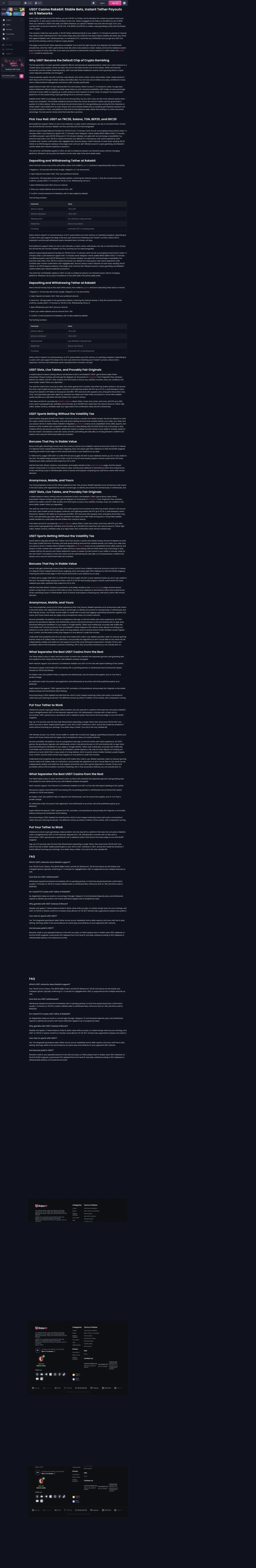 Rakebit USDT casino page describing 100 percent introductory rakeback and ongoing rewards
