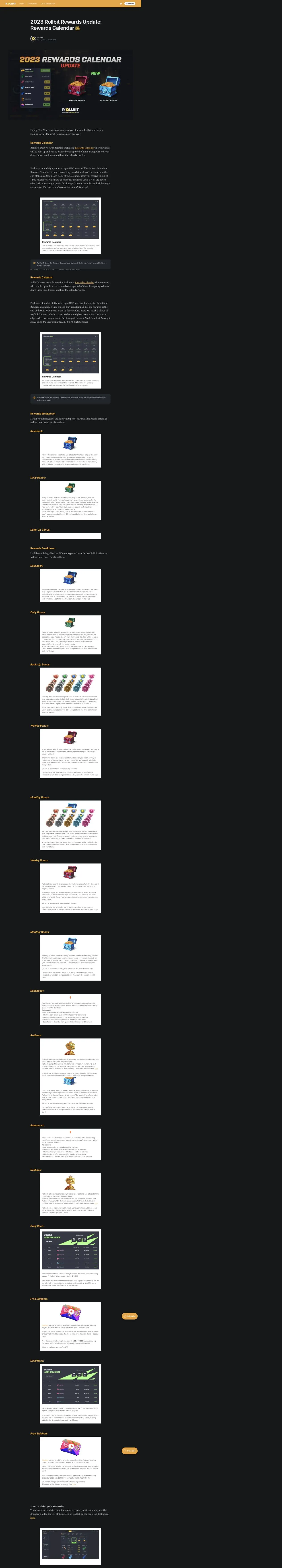 Rollbit official Rewards Calendar article showing rakeback and scheduled reward releases