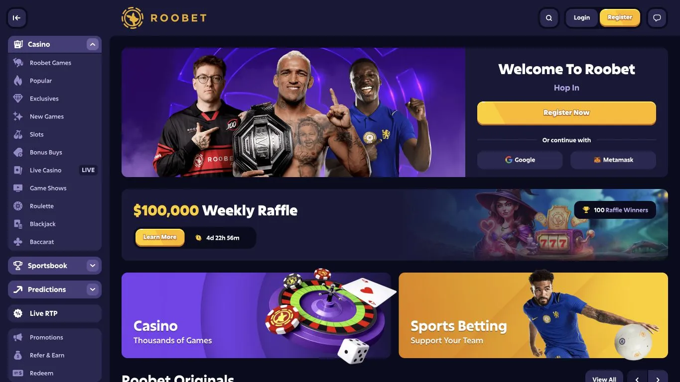 Roobet official casino interface used to verify the current operator domain