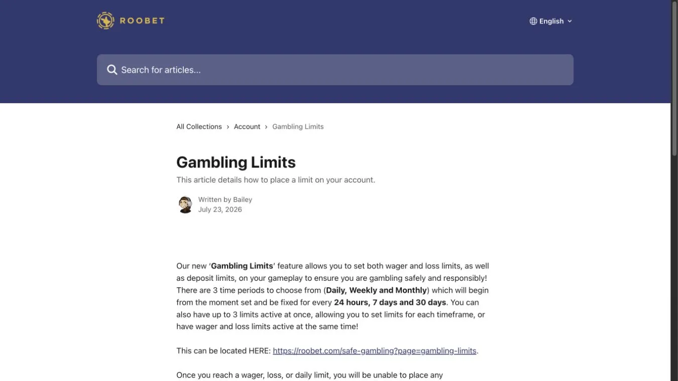 Roobet official policy interface used to check reward restrictions and account controls