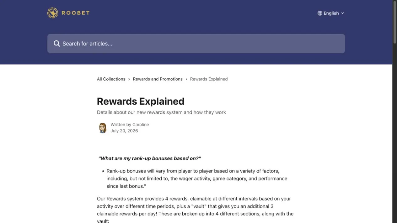 Roobet official Rewards Explained help page describing the current rakeback system