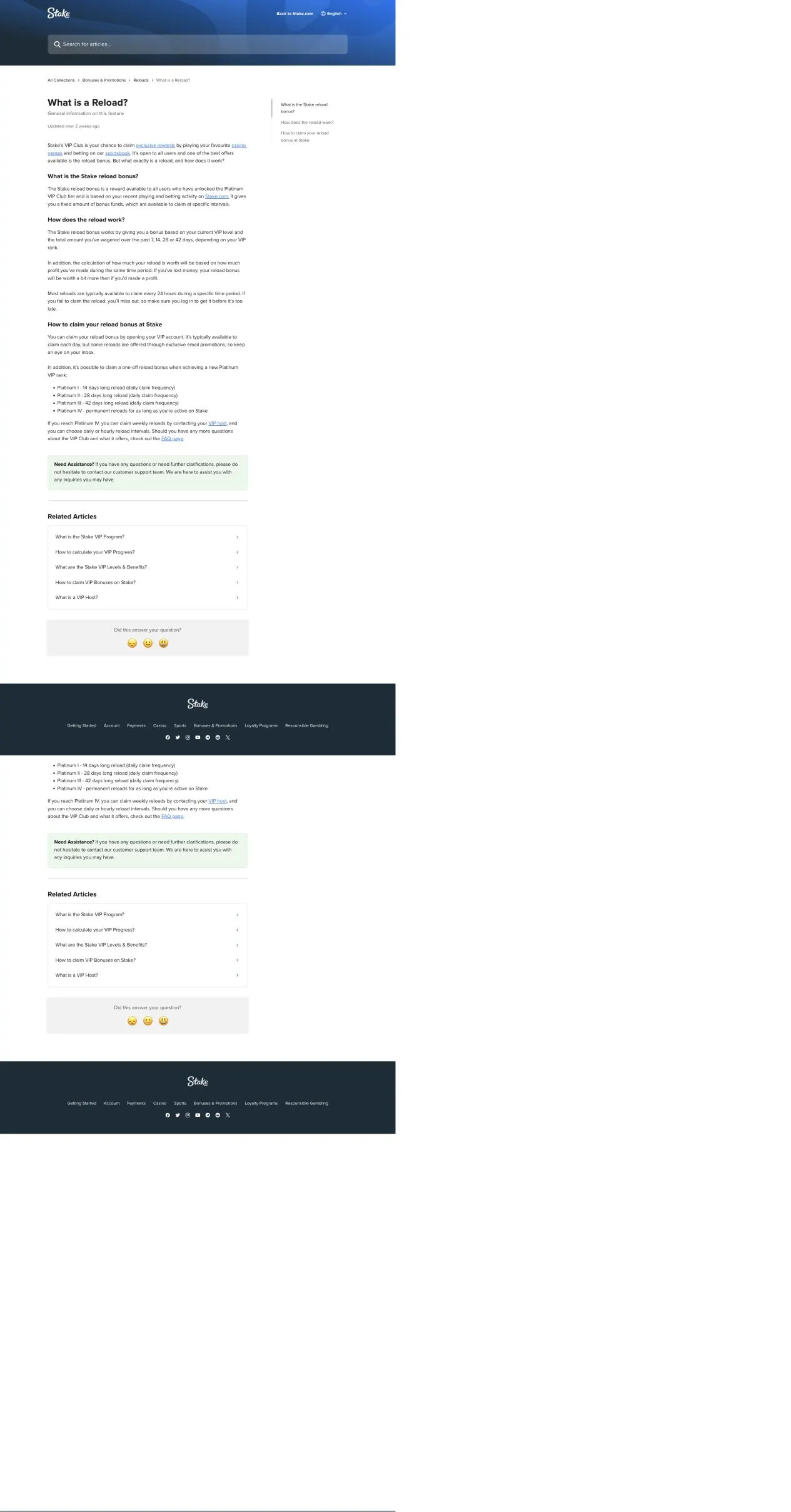 Stake reload help page describing Platinum reload durations