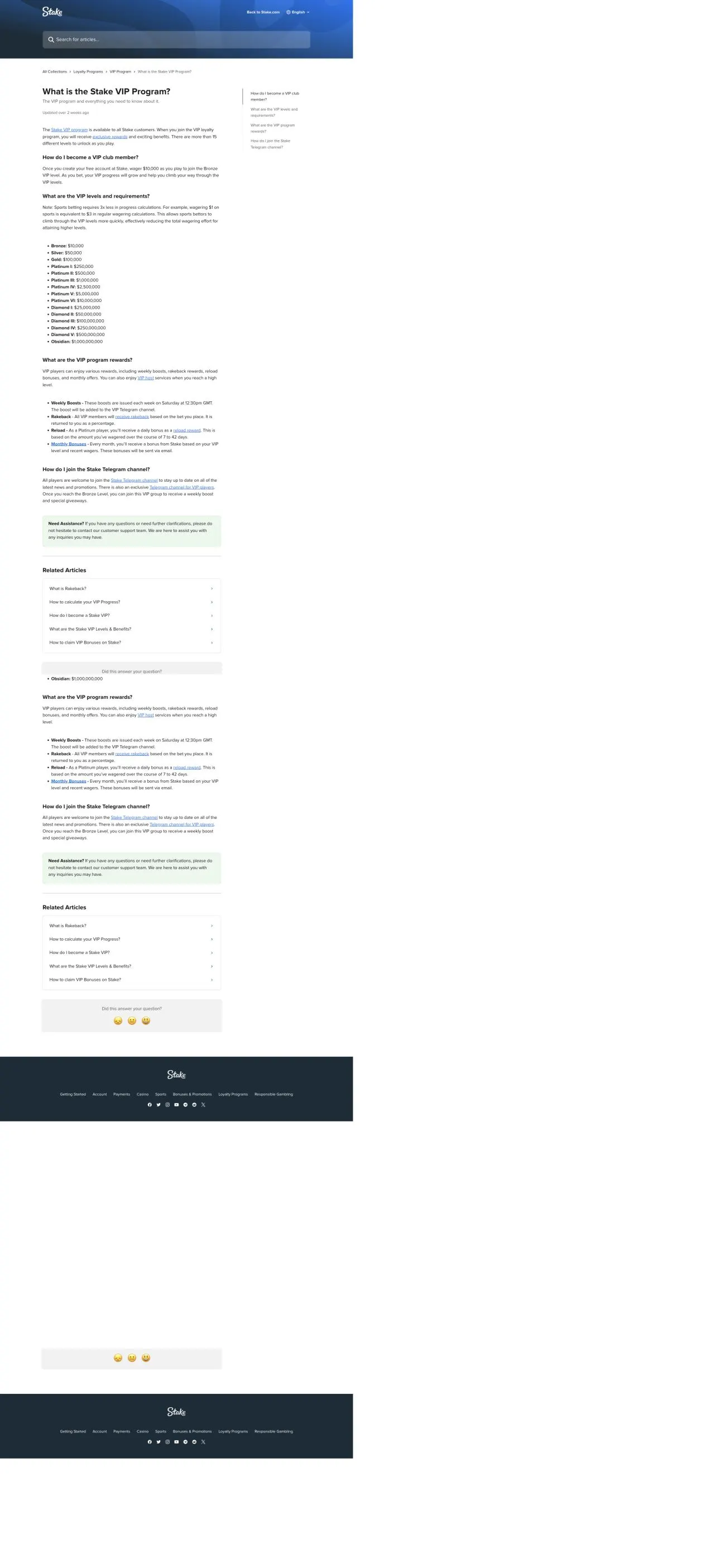 Stake VIP Program help article with public tier thresholds and benefits