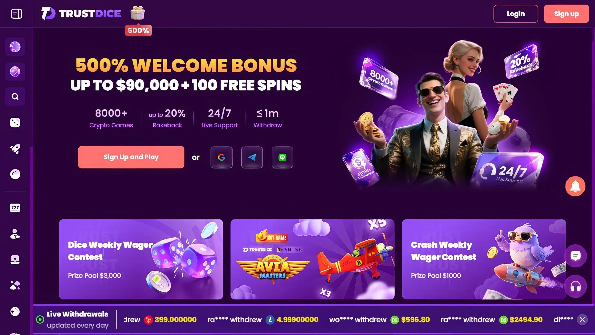 TrustDice official casino page promoting up to 20 percent cashback and VIP rewards